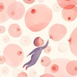 ilustração de um bebê flutuando em um céu cor de rosa de seios maternos