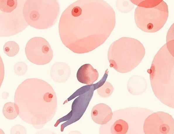 ilustração de um bebê flutuando em um céu cor de rosa de seios maternos