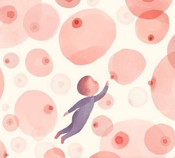 ilustração de um bebê flutuando em um céu cor de rosa de seios maternos